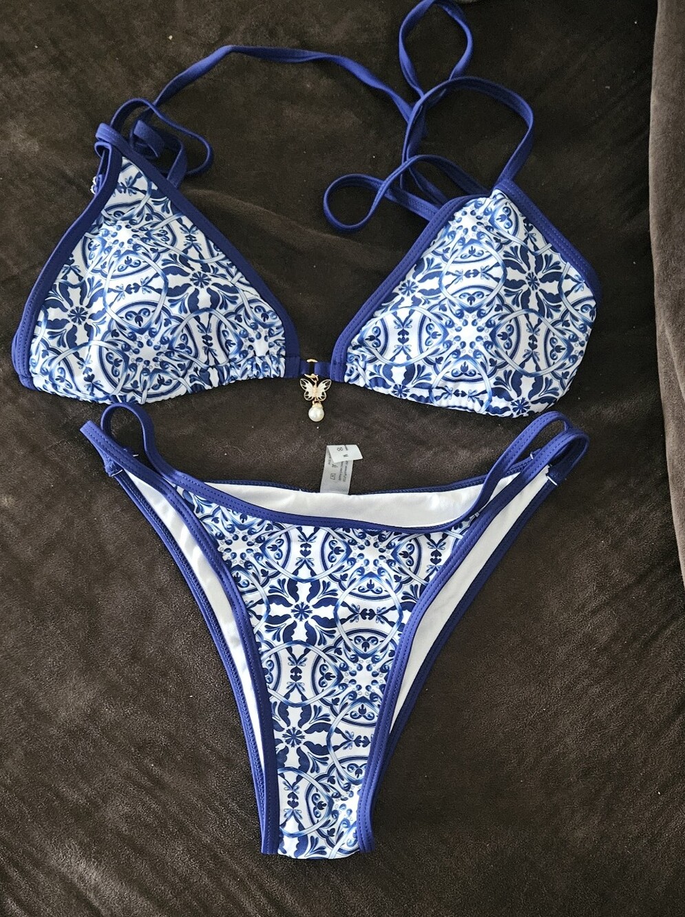 SHEIN Blue and White Tile Print Triangle Bikini Set